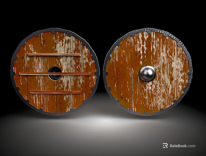 Ancient Wooden Shield Weapons Featuring Weathered Paint Black Rim Central Metal Boss And Wooden Crossbar 3d model 
