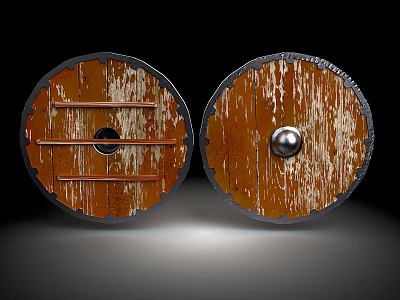 Ancient Wooden Shield Weapons Featuring Weathered Paint Black Rim Central Metal Boss And Wooden Crossbar 3d model