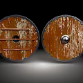 Ancient Wooden Shield Weapons Featuring Weathered Paint Black Rim Central Metal Boss And Wooden Crossbar
