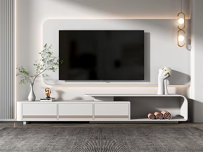Modern White TV Stand With Storage Drawers Green Plant And Pendant Lights In Living Room 3d model