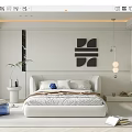 Modern Bedroom Interior With White Bed Abstract Wall Art Potted Plant And Pendant Light