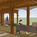 Wooden Lattice Pergola in Outdoor Park with Benches Trees and People Relaxing