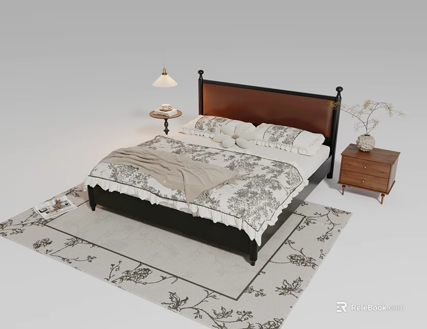 Stylish Double Bed with Floral Bedspread Nightstand Lamp Vase and Patterned Rug 3d model 