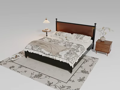 Stylish Double Bed with Floral Bedspread Nightstand Lamp Vase and Patterned Rug 3d model