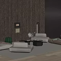 Light Gray Modern Sofa Set with Round Black Coffee Table and Wooden Wall Decor Accents