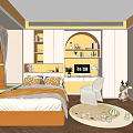 Modern Kids Room Interior With Yellow White Bed Lit Bookshelves Chair Round Rug And Toys