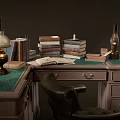 Vintage Wooden Desk with Stacked Books Antique Lamps and Leather Chair