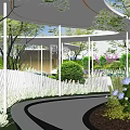 Serene Garden Landscape With Curved Pathway White Picket Fence And Lush Green Plants