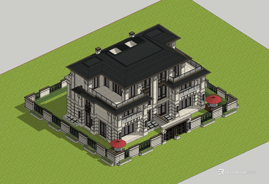 Two Story Detached Villa Featuring Black Roof White Walls And Red Umbrellas On Lawn 3d model 