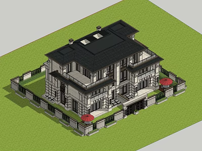 Two Story Detached Villa Featuring Black Roof White Walls And Red Umbrellas On Lawn 3d model