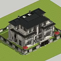 Two Story Detached Villa Featuring Black Roof White Walls And Red Umbrellas On Lawn