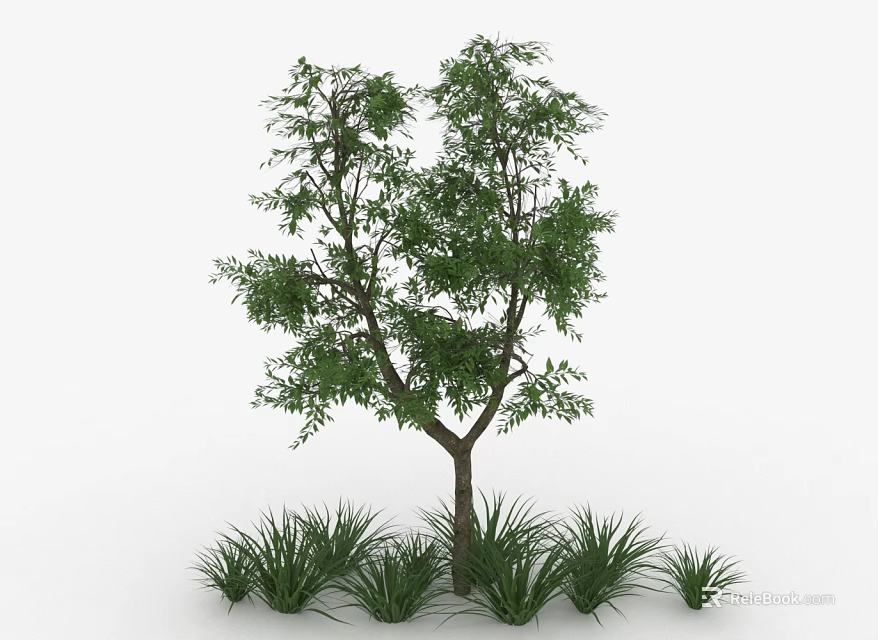Lush Green Tree With Dense Foliage Brown Trunk And Surrounding Grass Plants 3d model 