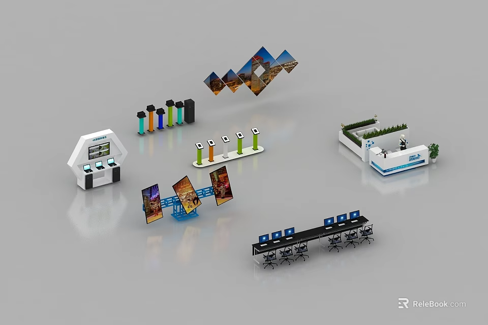 Modern Display Cabinets and Shelves with Multi layer Design for Product Exhibition and Digital Screens 3d model 
