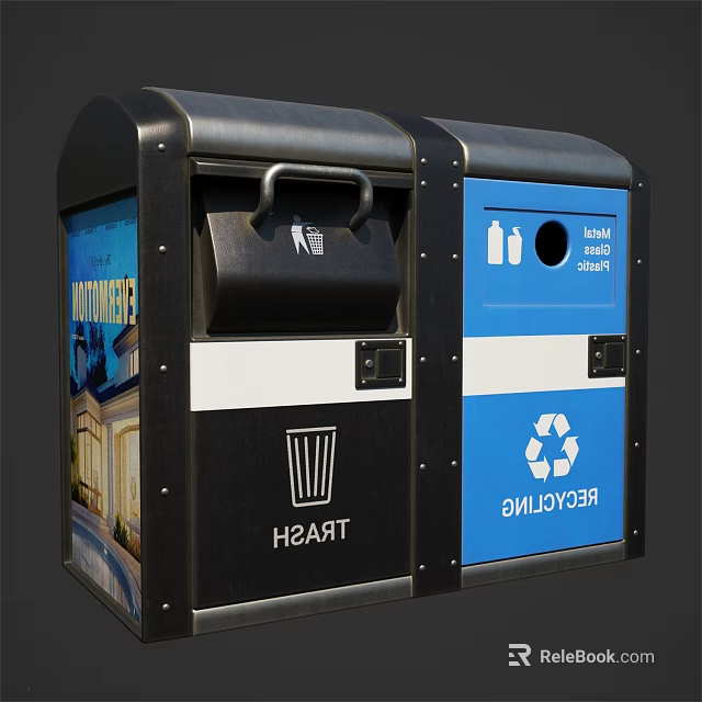 Public Facilities Waste Sorting Trash Bins With Recycling Symbol And General Waste Compartments 3d model 