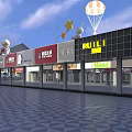 Modern Commercial Street With Multiple Storefronts Balloon Decorations And Shop Signs