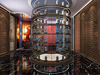 Elegant Tobacco and Liquor Store with Circular Display Rack Multiple Shelves and Marble Flooring 3d model