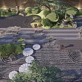 Traditional Garden Landscape With Bamboo Trees Wooden Screen Rock Formations And Stone Path