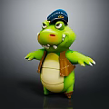 Cute Cartoon Style Green Crocodile Game And Movie Character With Blue Hat Brown Vest