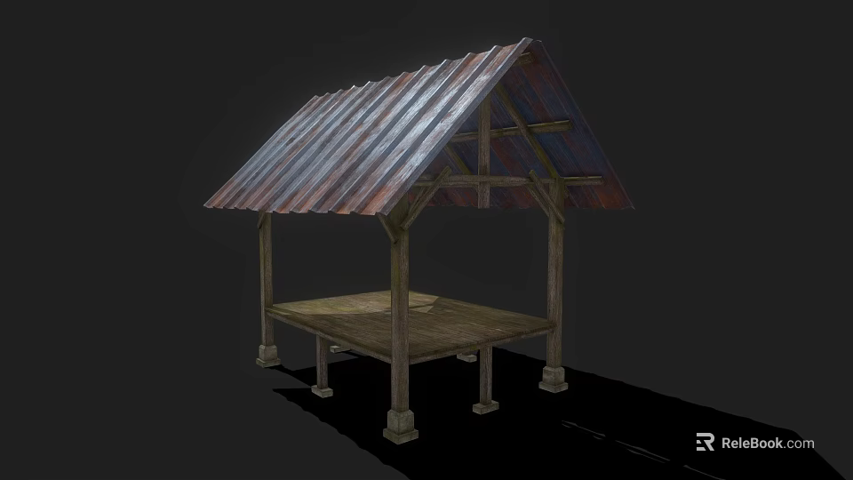 Wooden Shelter Structure With Corrugated Metal Roof Supporting Pillars And Platform Base 3d model 