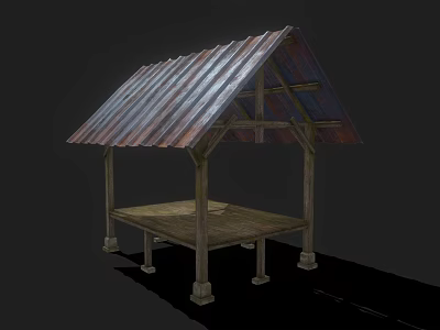 Wooden Shelter Structure With Corrugated Metal Roof Supporting Pillars And Platform Base 3d model