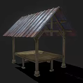 Wooden Shelter Structure With Corrugated Metal Roof Supporting Pillars And Platform Base