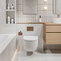 Modern Bathroom Interior Design With Freestanding Bathtub Toilet Wooden Vanity And Mirror Lighting
