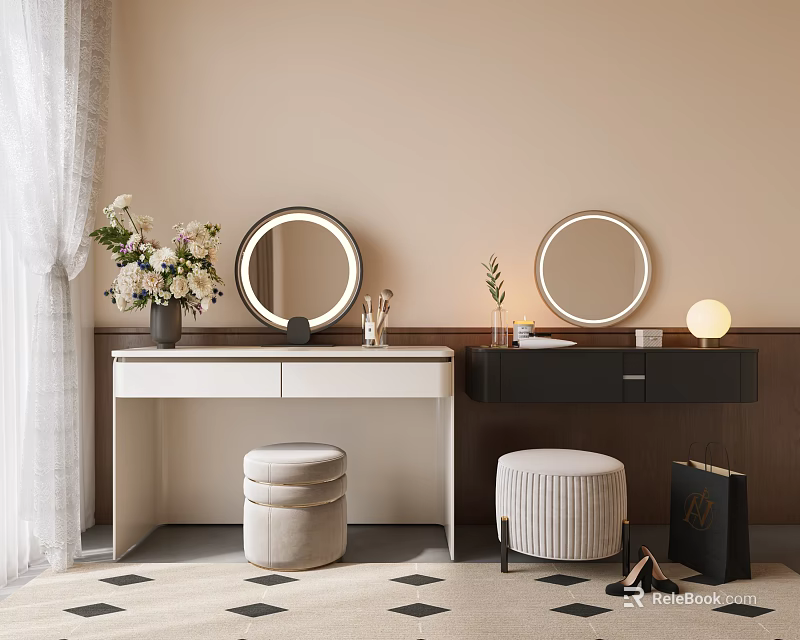 Modern Vanity Table Interior With Round Mirrors Stools Floral Vase And Diamond Rug 3d model 