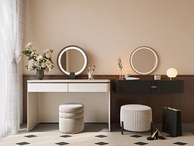 Modern Vanity Table Interior With Round Mirrors Stools Floral Vase And Diamond Rug 3d model