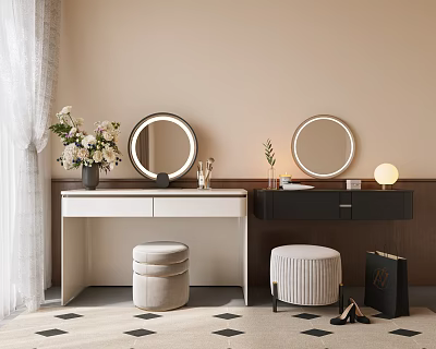 Modern Vanity Table Interior With Round Mirrors Stools Floral Vase And Diamond Rug 3d model