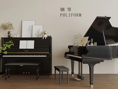 Musical Instruments and Art Supplies Display with Black Upright Grand Pianos and Art Frames 3d model
