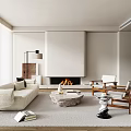 Minimalist Living Room Interior With Fireplace Cream Sofa Stone Coffee Table And Wooden Armchairs