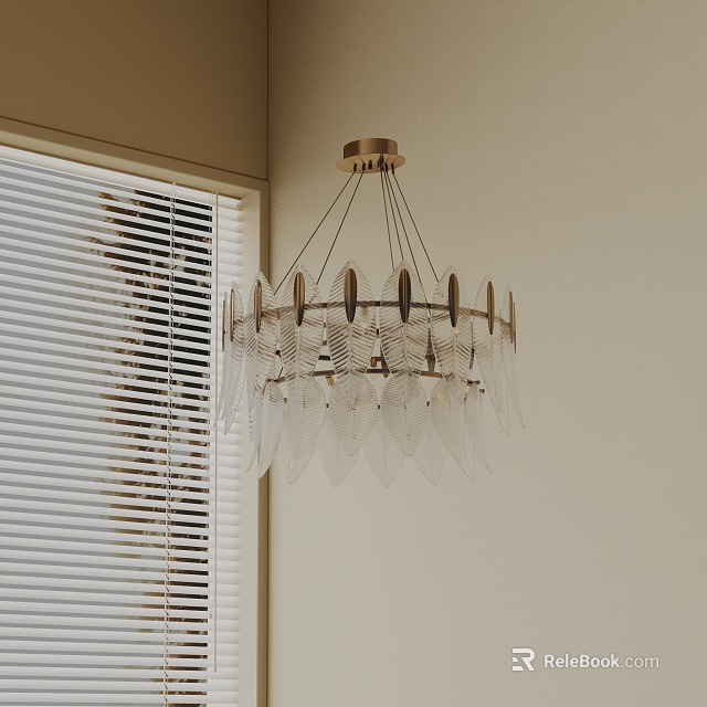 Modern Interior Chandelier With Golden Frame And Transparent Leaf Shades By Window Blinds 3d model 