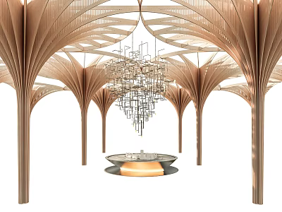 Modern Luxury Space Featuring Unique Feather Shaped Columns Arched Ceiling Metallic Chandelier And Circular Countertop 3d model