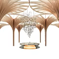 Modern Luxury Space Featuring Unique Feather Shaped Columns Arched Ceiling Metallic Chandelier And Circular Countertop