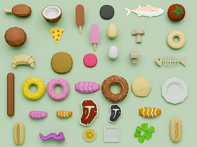 Variety of Playful Food Shapes With Donuts Ice Cream Fish Tomato Mushrooms And Hot Dog 3d model