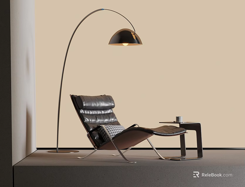 Modern Interior With Black Leather Lounge Chair Round Side Table And Arc Floor Lamp 3d model 