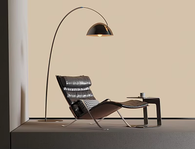Modern Interior With Black Leather Lounge Chair Round Side Table And Arc Floor Lamp 3d model