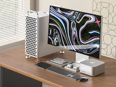 Modern Desktop Computer Setup With Monitor Keyboard Mouse And Phone On Wooden Desk 3d model