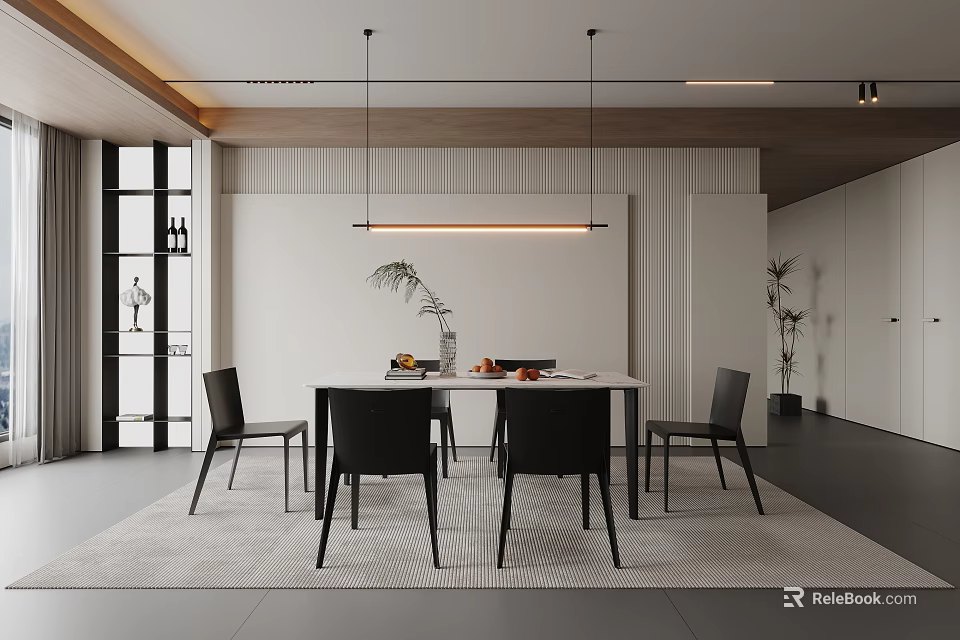 Modern Restaurant Interior With Dining Table Black Chairs Hanging Pendant Lights And Open Space 3d model 