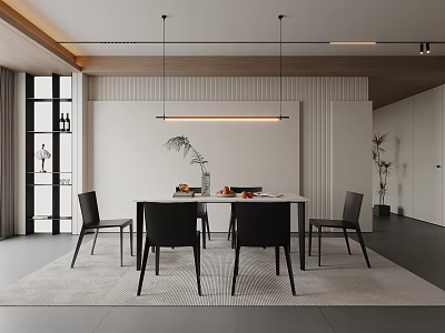 Modern Restaurant Interior With Dining Table Black Chairs Hanging Pendant Lights And Open Space 3d model