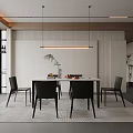 Modern Restaurant Interior With Dining Table Black Chairs Hanging Pendant Lights And Open Space