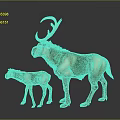 Adult Deer With Large Antlers And Fawn Standing On Gray Background