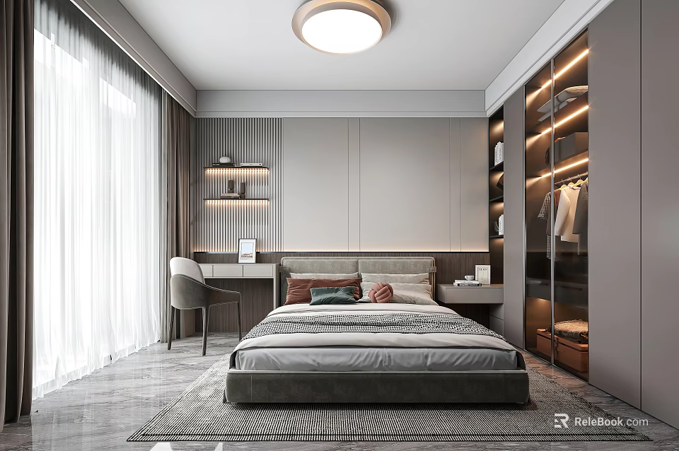 Modern Kids Room Interior Design With Bed Desk Wardrobe And Bookshelf 3d model 