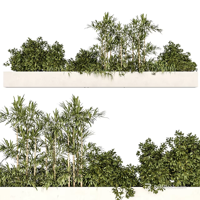 Lush Green Bonsai Potted Plants In White Rectangular Planter With Bamboo And Shrubs 3d model 
