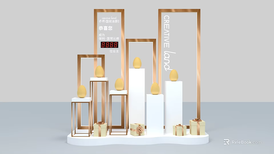 Interactive Zone Featuring Golden Frames Egg Decorations White Display Stands And Creative Land Sign 3d model