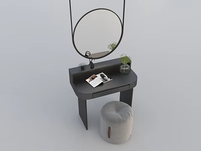 Modern Dressing Table with Round Mirror Stool Magazine and Potted Plant Design 3d model