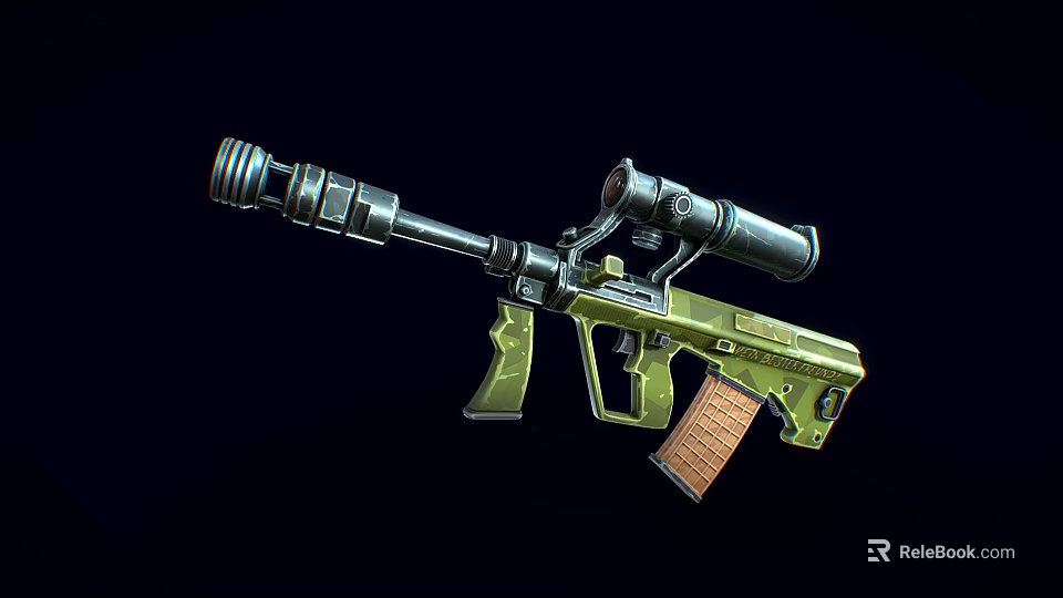Green Tactical Assault Rifle With Brown Wooden Stock Scope And Suppressor 3d model 