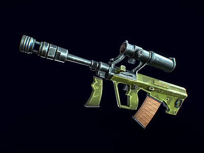 Green Tactical Assault Rifle With Brown Wooden Stock Scope And Suppressor 3d model