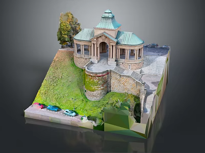 Detailed Architectural Model of Historic Pavilion with Green Lawn and Cars 3d model