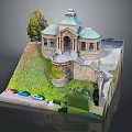 Detailed Architectural Model of Historic Pavilion with Green Lawn and Cars